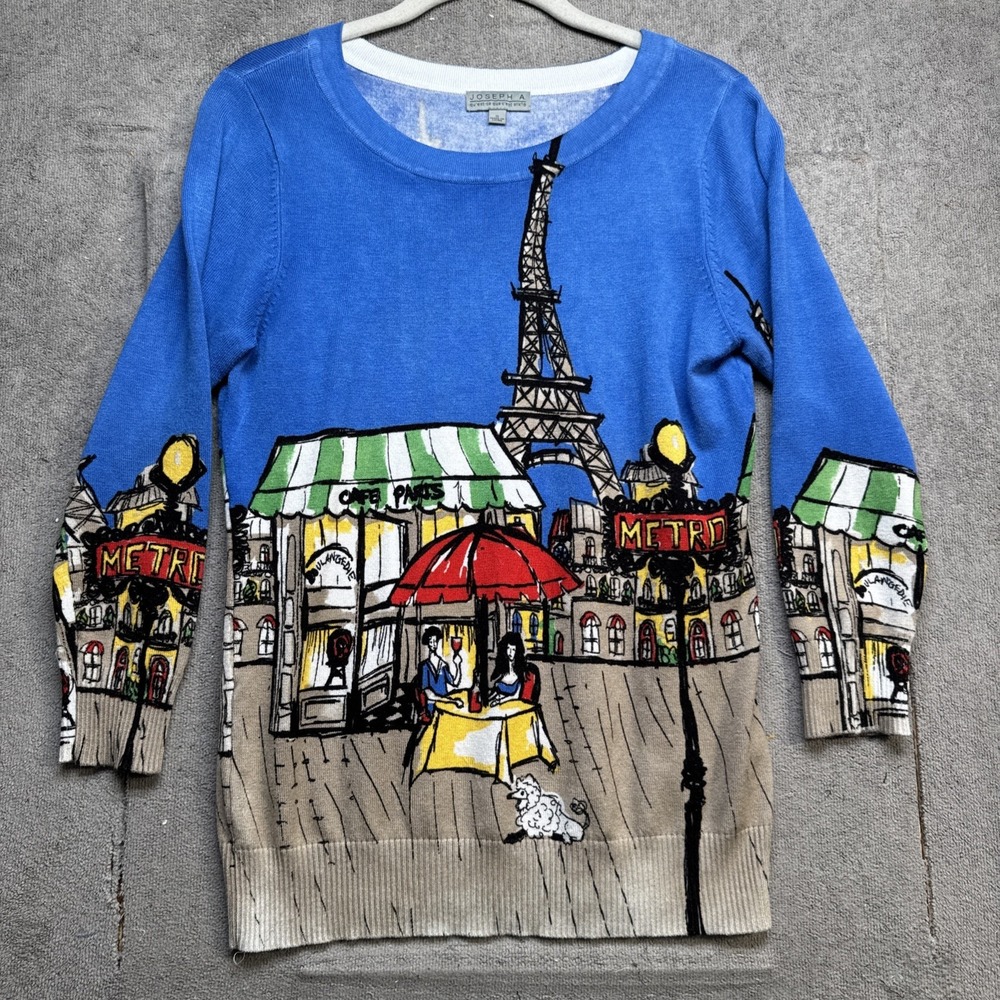 Paris Cafe‎ Scene Sweater Women's S Blue Eiffel Tower Art Knit Top Citycore